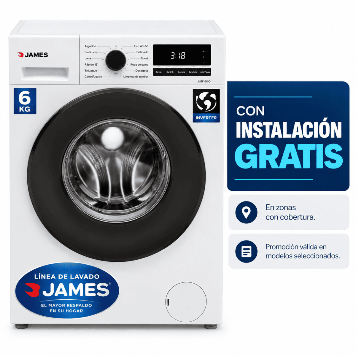 Lavarropas James LR 1006 INV G6 BL 6Kg carga frontal Blanca 