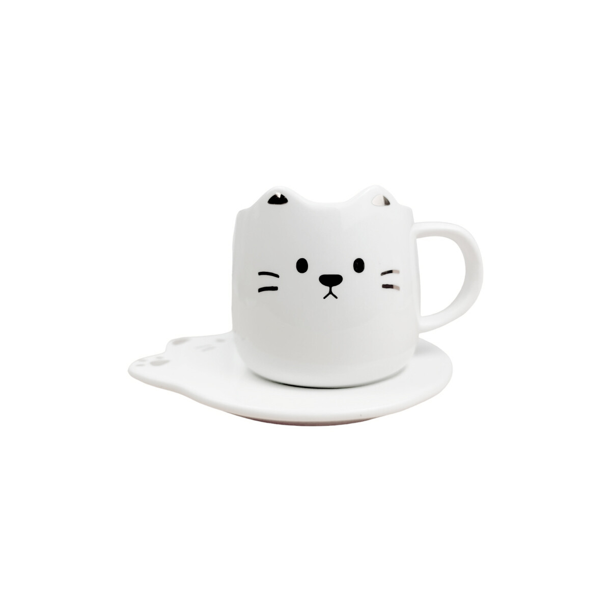 Taza Y Plato De Cerámica Gatito - Blanco 