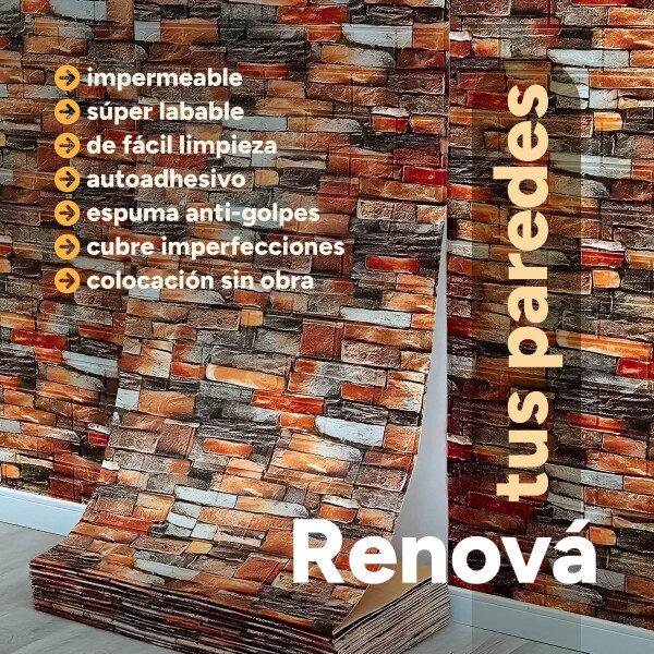 Revestimiento Pared Adhesivo 3d Piedra Ladrillo 20 Mts x 0,70 Mts Variante Color Rojo Ladrillo
