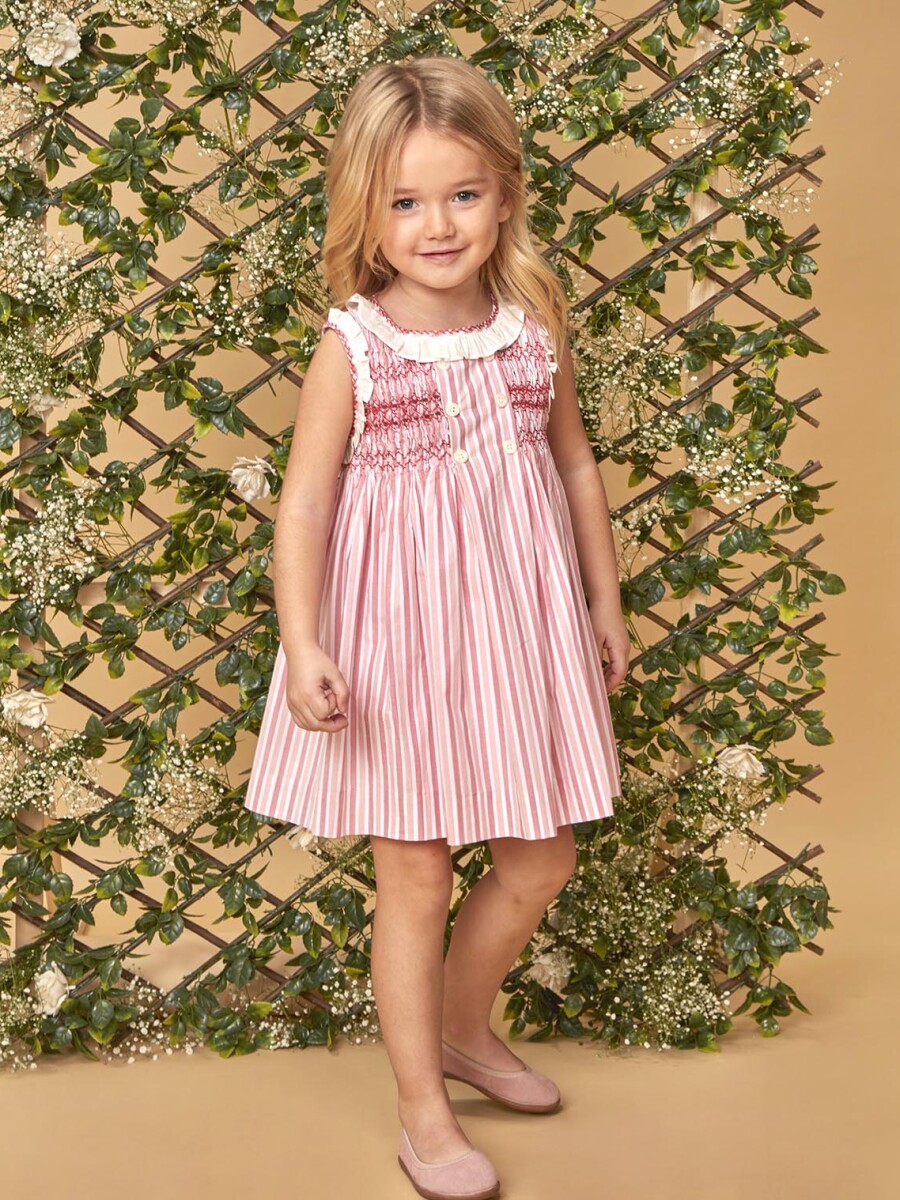 Vestido De Rayas Con Nido De Abeja Y Volante Rosa