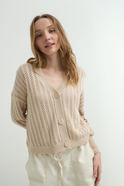Cardigan escote V calado BEIGE