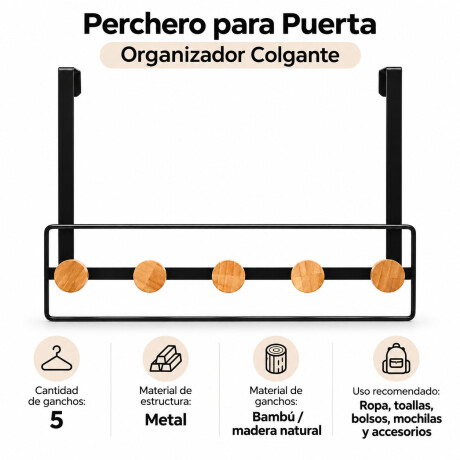 Perchero Puerta 5 Ganchos Metal Bambú Organizador Negro