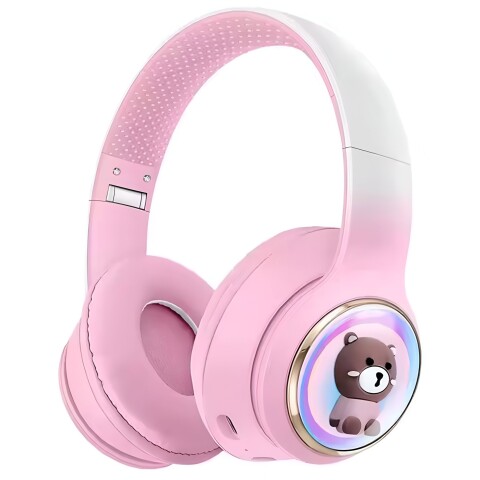 Auriculares Vincha Bluetooth Inalambricos Luces Microfono Variante Diseño Oso Rosa
