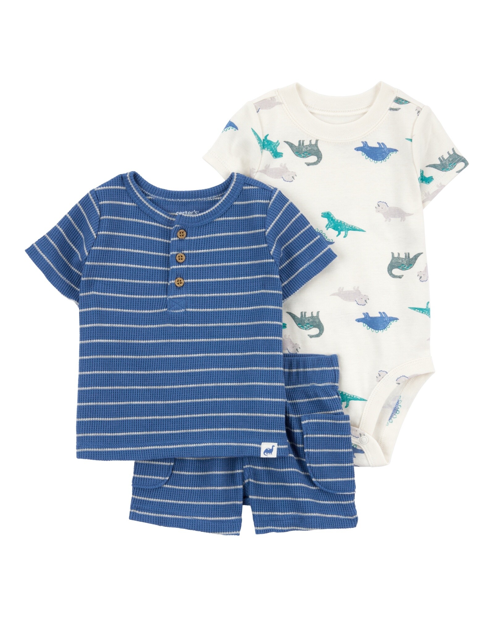 Set tres piezas de algodón, short, remera henley y body, diseño dinos Sin color