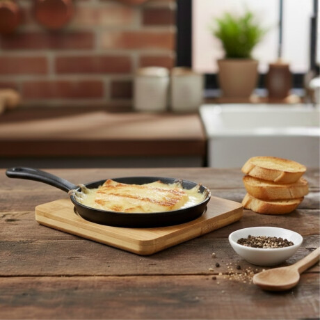 Mini sartén hierro fundido 13 cm con base bambú NEGRO