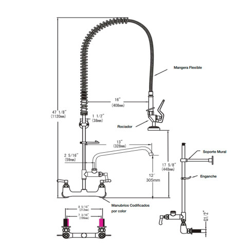 GRIFERIA PARA COCINA DE PARED PARA COCINA INDUSTRIAL BIMANDO CROMADA CON PICO Y TELEFONO CON SISTEMA PULL DOWN 000