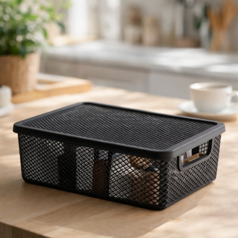 Cesto organizador calado línea con tapa M NEGRO