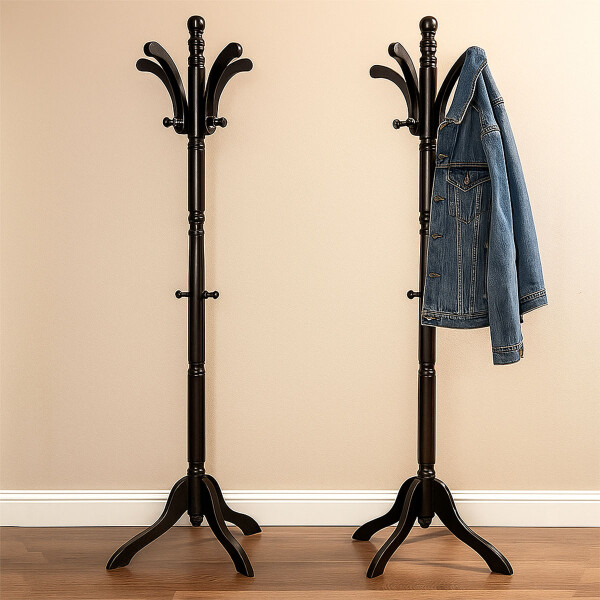 Perchero De Pie Madera Lustrada Con Barniz Brillo Negro