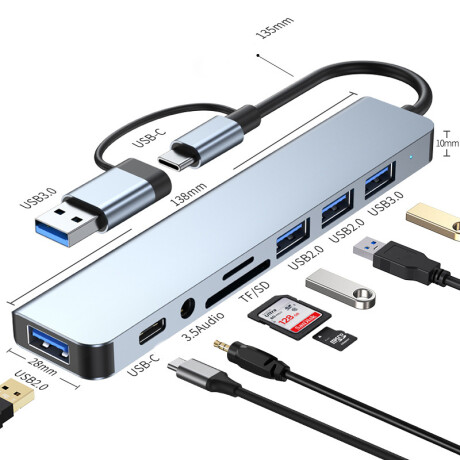 HUB USB 8 EN 1 TIPO C + TARJETA DE MEMORIA + ENTRADA DE AUDIO HUB USB 8 EN 1 TIPO C + TARJETA DE MEMORIA + ENTRADA DE AUDIO