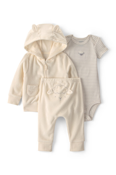 Set tres piezas, campera y pantalón de algodón terry, más body, marfil, diseño oveja Set tres piezas, campera y pantalón de algodón terry, más body, marfil, diseño oveja