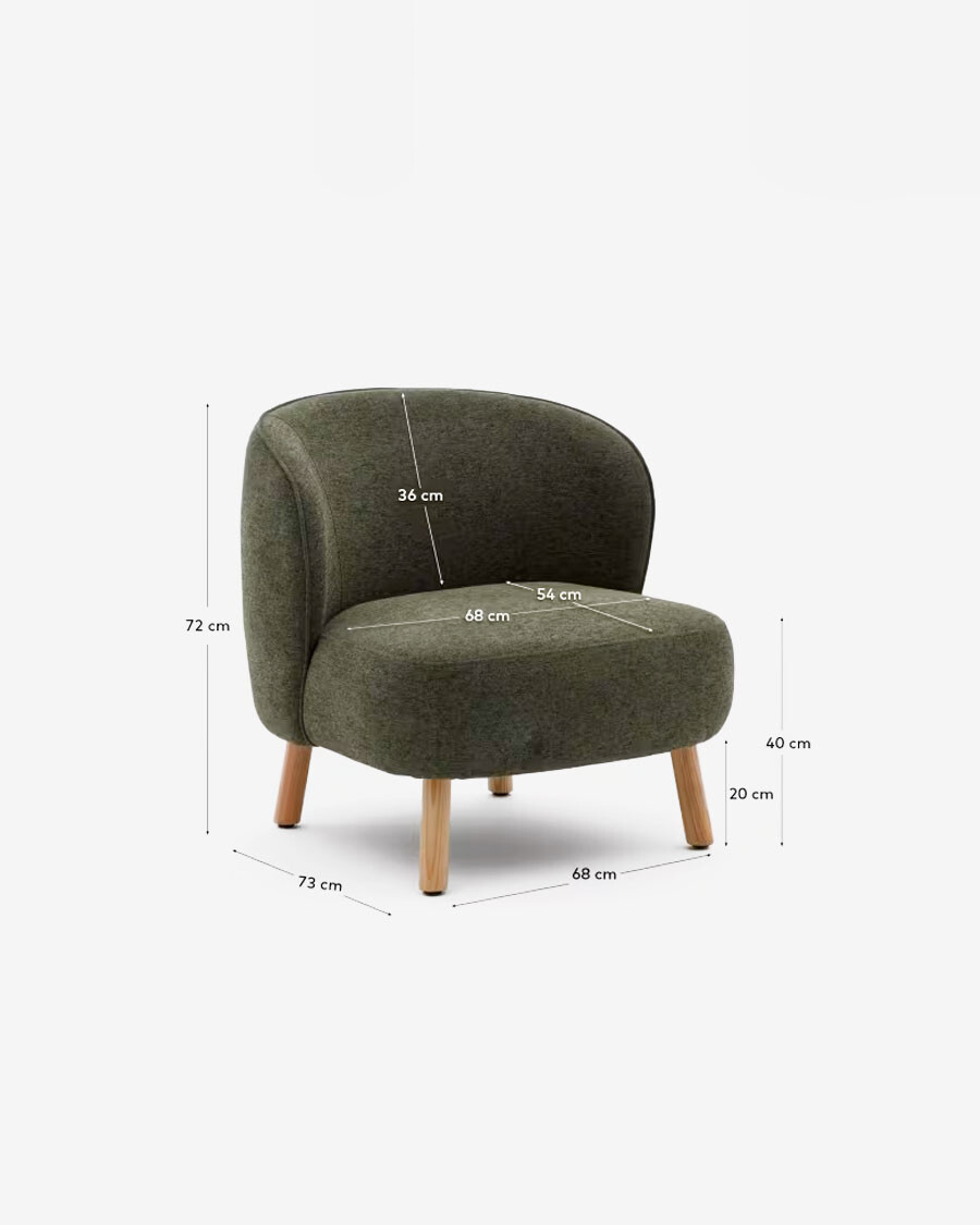 Butaca Ulit de chenilla verde y patas de madera maciza haya acabado natural