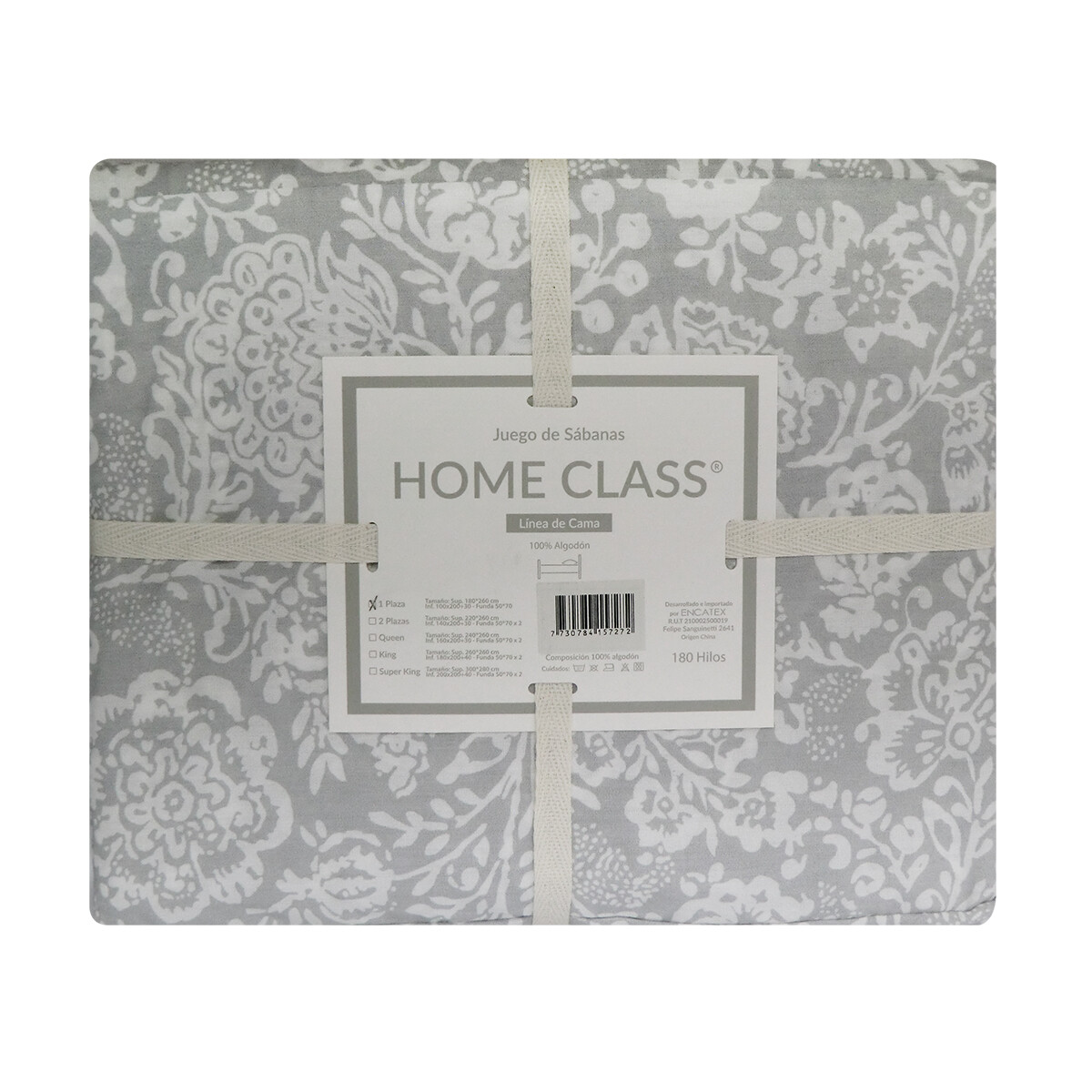 Juego Sábanas 1 Plaza Home Class Estampado 180 Hilos 100% Algodón - ARABESCO GRIS 