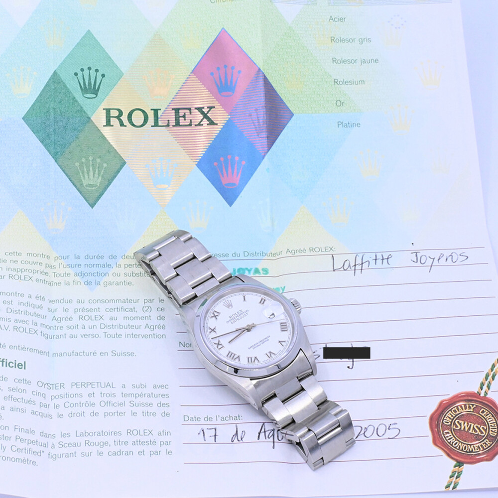 Rolex Datejust 16200 acero 36 mm. Números romanos con caja y papeles, año 2005. Rolex Datejust 16200 acero 36 mm. Números romanos con caja y papeles, año 2005.