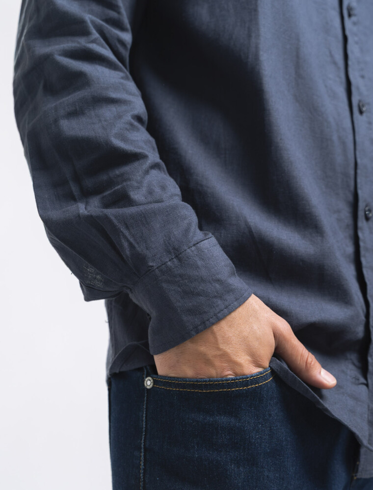 Camisa Lino Manga Larga Maui Marino