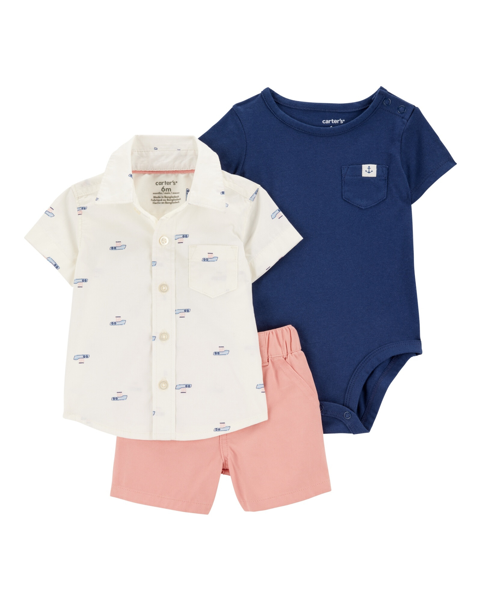 Set tres piezas de algodón, short, camisa y body, diseño marítimo Sin color