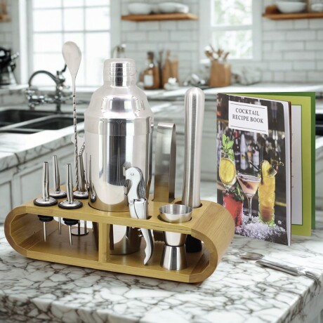 Set de Coctelería 12 Piezas Acero base de Madera Set de Coctelería 12 Piezas Acero base de Madera