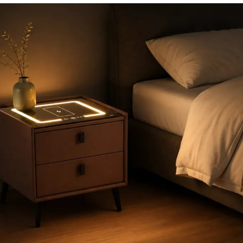 Mesa De Luz Inteligente C/Cargador Inalám Y Luz Led Marron
