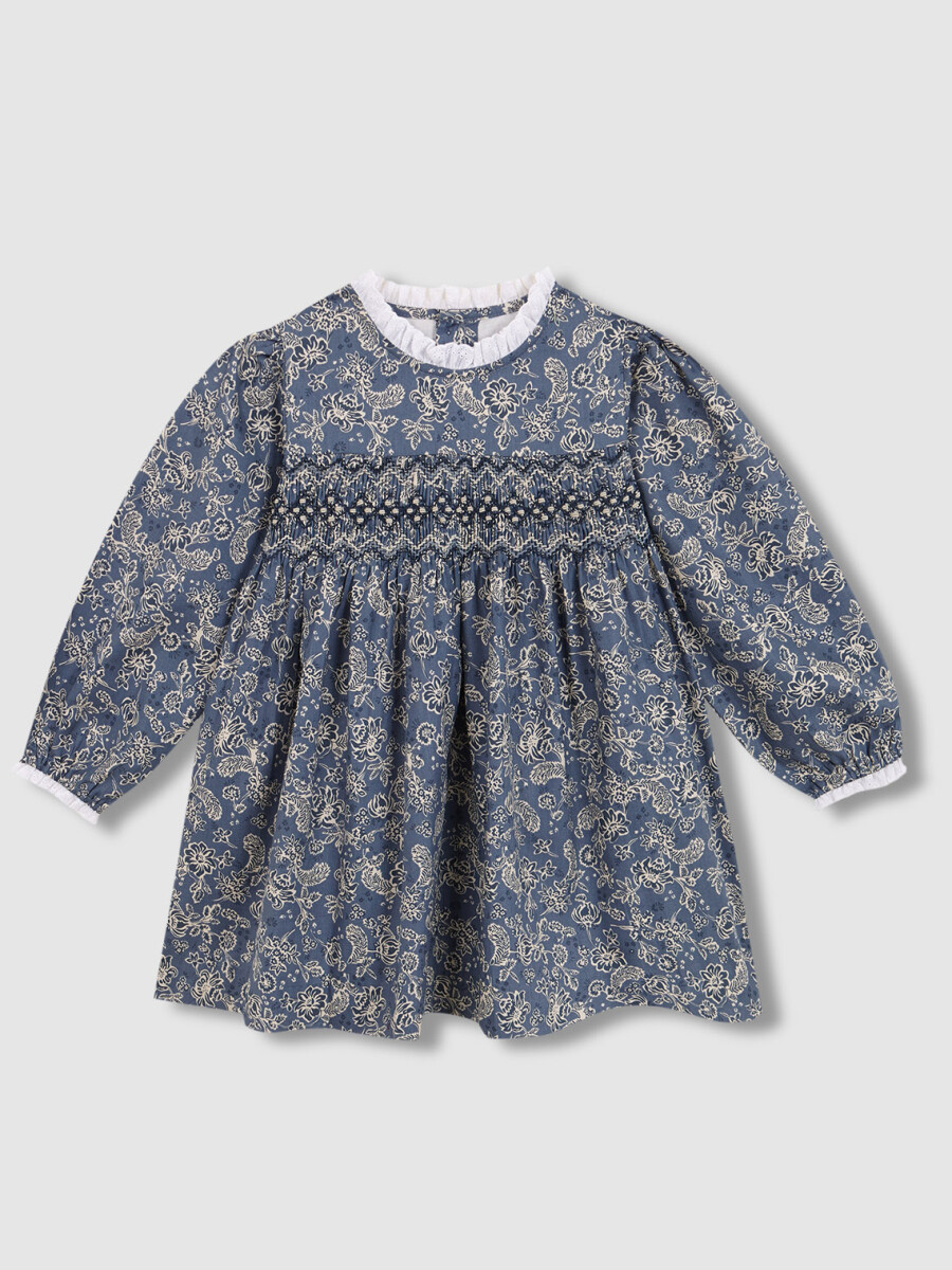 Vestido De Flores Con Smock Gris Azulado