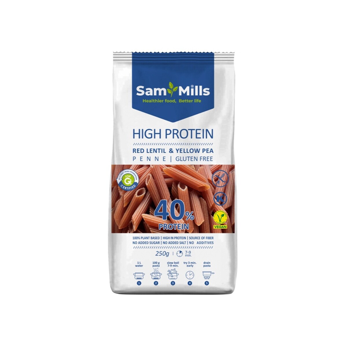 Penne de Lentejas Rojas y Arvejas Amarillas Alto en Proteína Sin Gluten 250g Sam Mills 