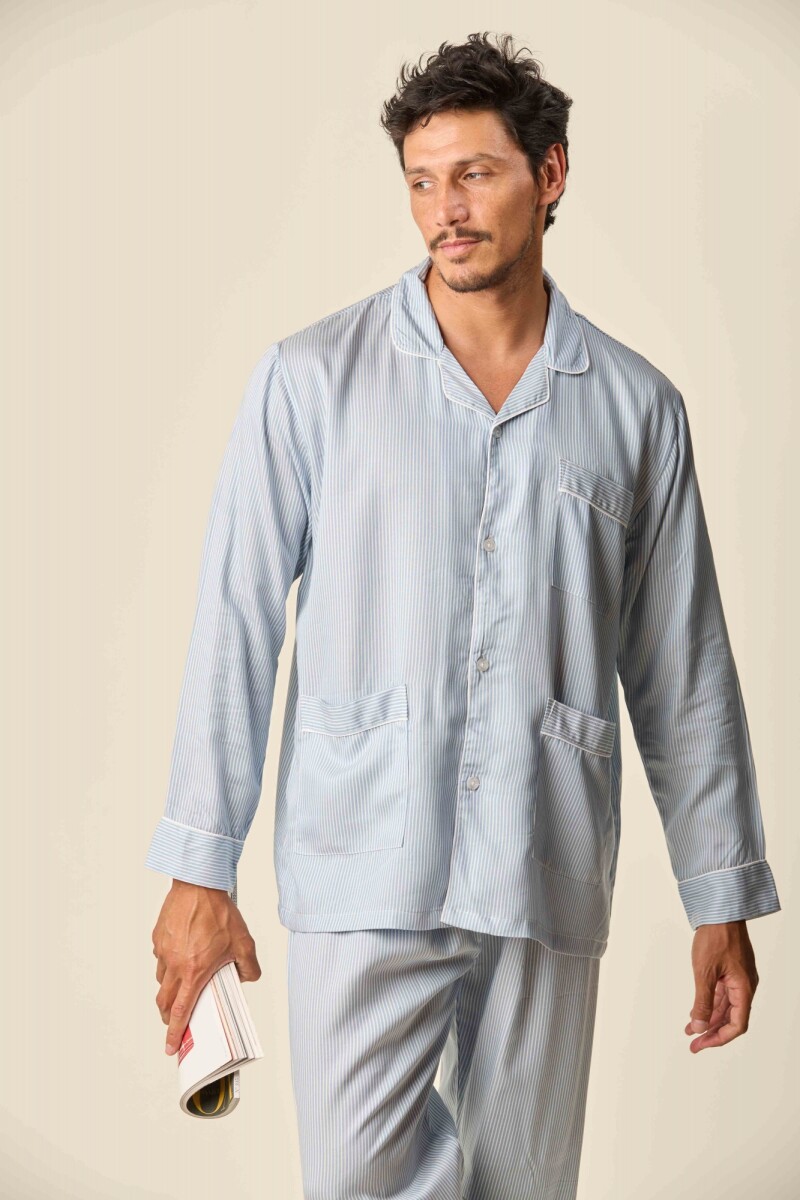 Pijama Algodón - Pijama Algodón Celeste Lineas 