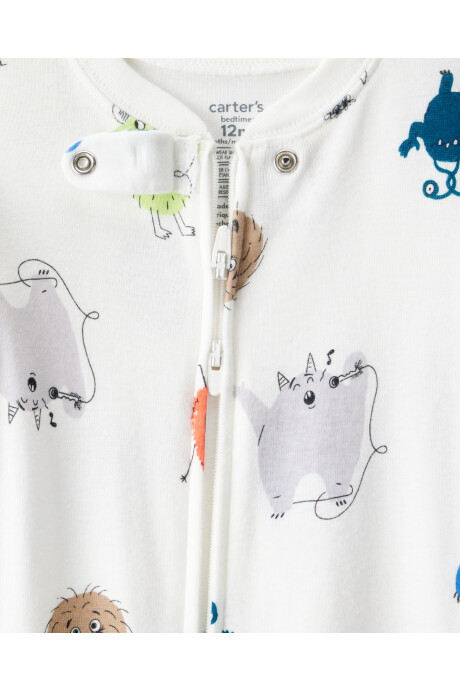 Pijama una pieza de algodón, con pie, blanco, diseño monstruos Sin color