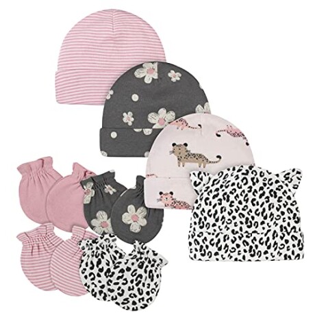 Set de 4 gorros y 4 mitones algodon leopardo