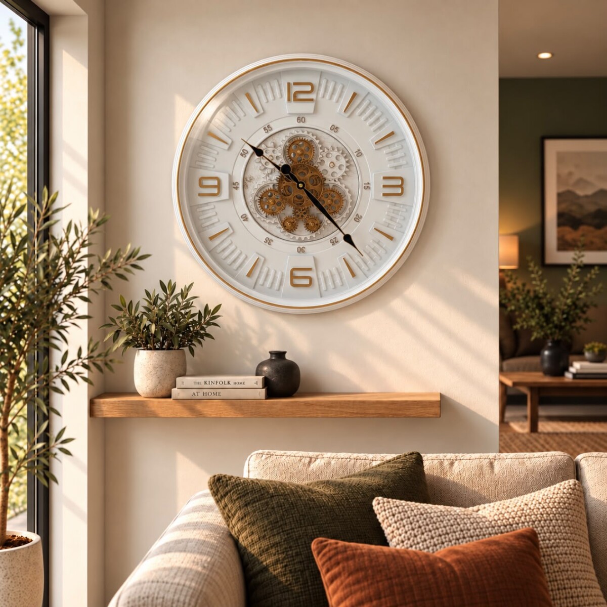 Reloj de Pared Decorativo con Engranajes Blanco y Dorado- Ø 50cm 