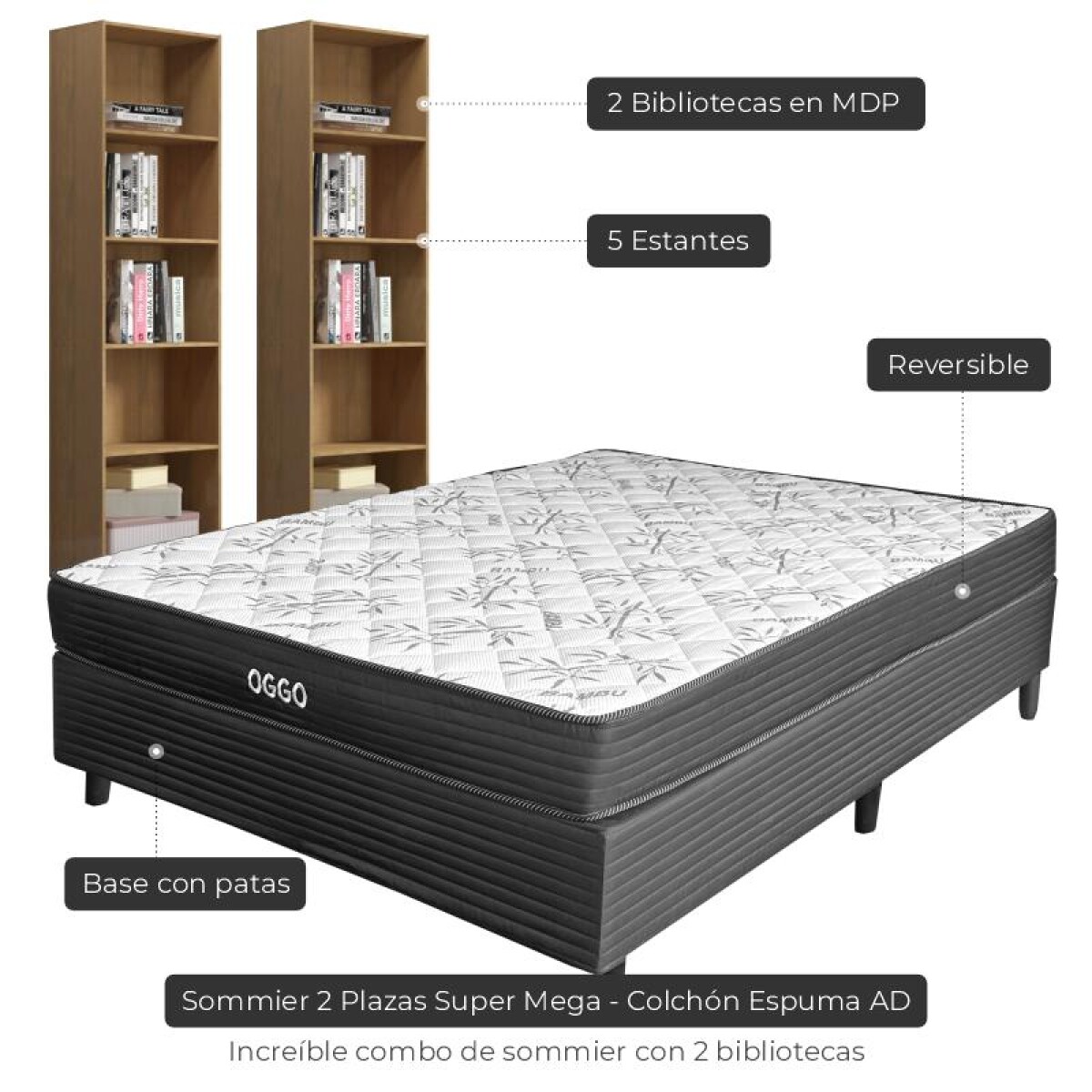 Combo de Dormitorio Sommier Super Mega de 2 Plazas y 2 Repisas 5 Estantes Reversible con Refuerzo Grauniert® - Roble Dakar 