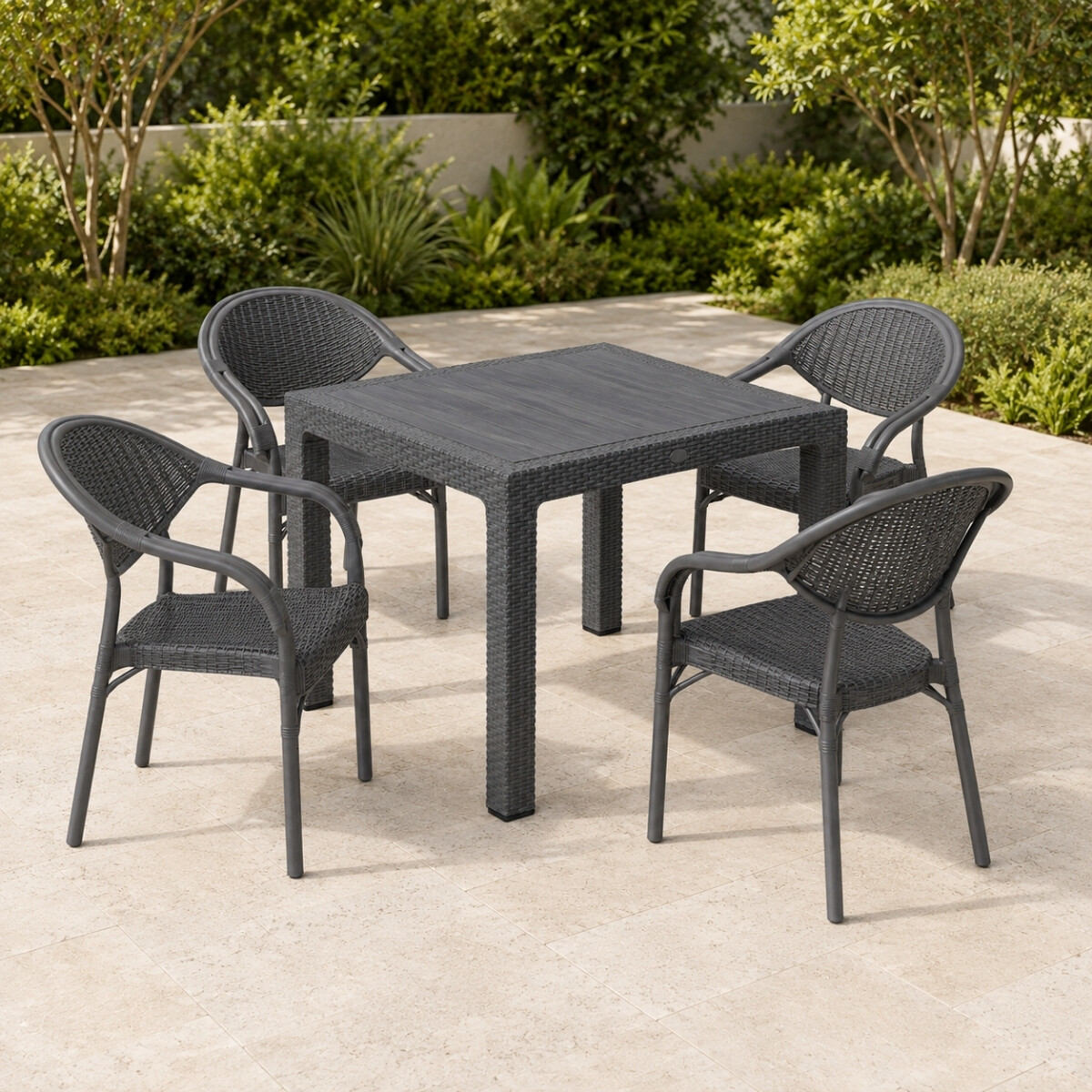 Mesa ratán 90x90+ 4 sillas sin apoya brazos - GRIS 