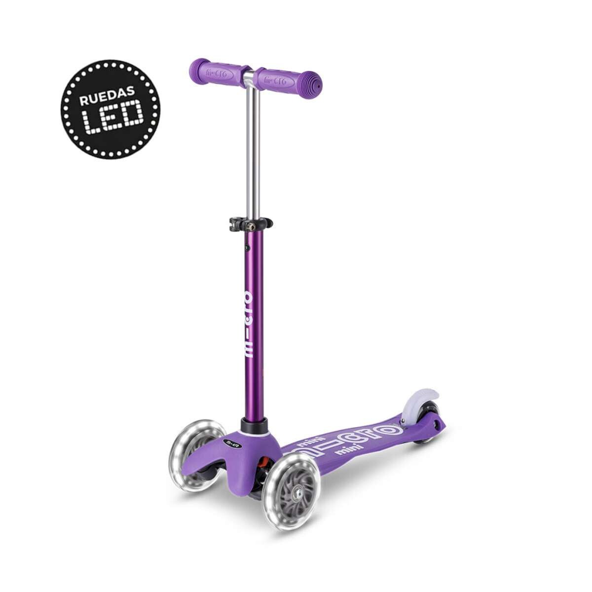 Monopatín Micro Mini Deluxe LED Ajustable con 3 Ruedas - Purpura 