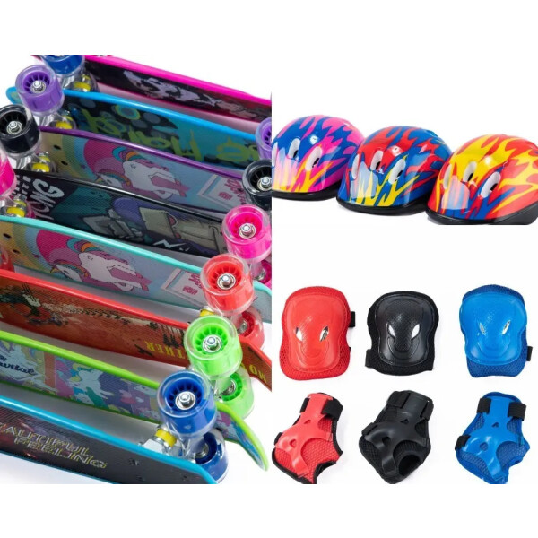 Set de patineta penny estampada y ruedas con luz de 55cm + Set de protección + casco De 6 A 10 años Set de patineta penny estampada y ruedas con luz de 55cm + Set de protección + casco De 6 A 10 años