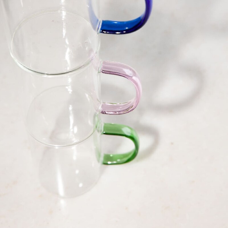 Taza de vidrio con aza de color 300ml Taza de vidrio con aza de color 300ml