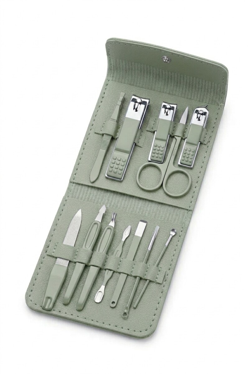 Set manicura estuche cuero vegano 12 piezas verde