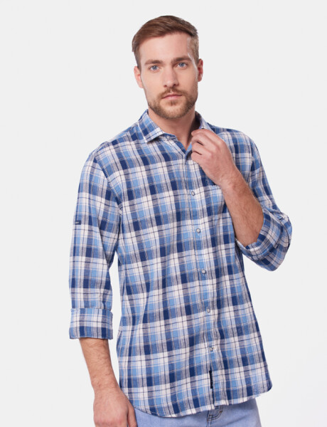 CAMISA DE LINO A CUADROS Azul