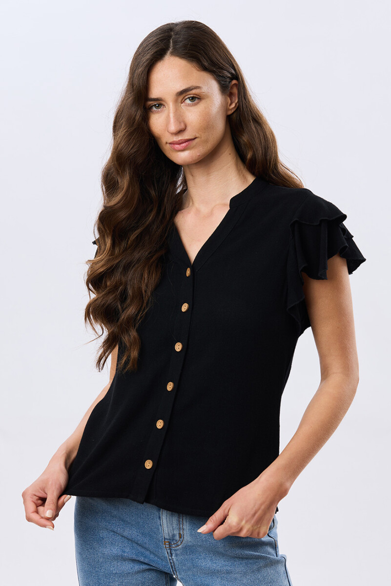 CAMISA DE LINO CON VOLADOS - Negro 