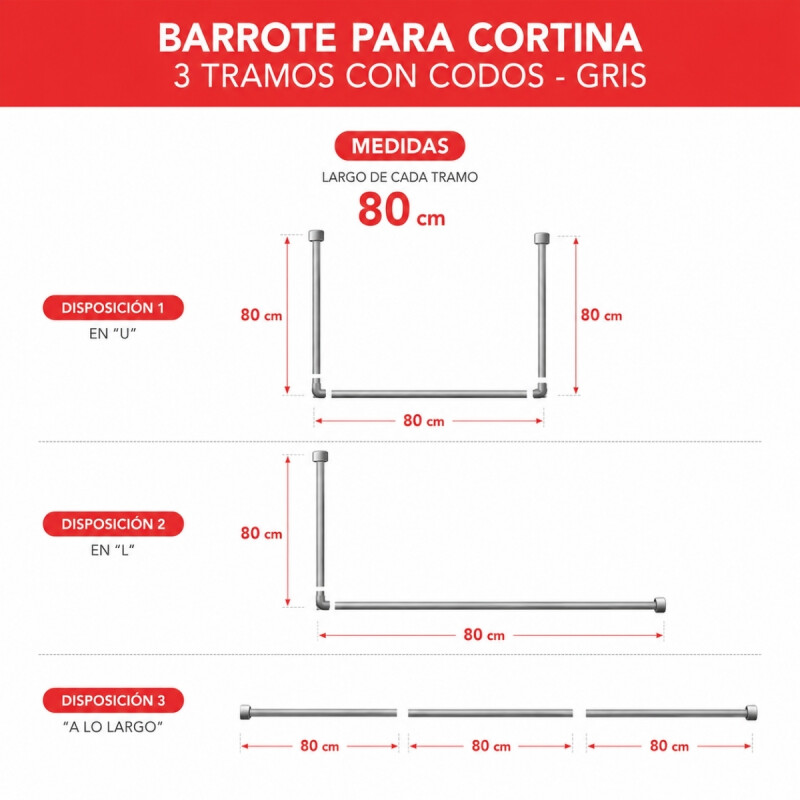 Barrote para cortina 3 tramos con codos GRIS