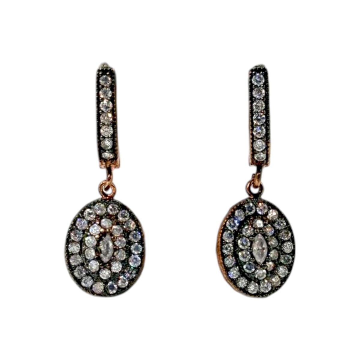 Caravanas Ovalo Vintage-Plata rodinada 925 con micra de oro 18k-Piedra Zirconia-CA2044 - conpiedra 