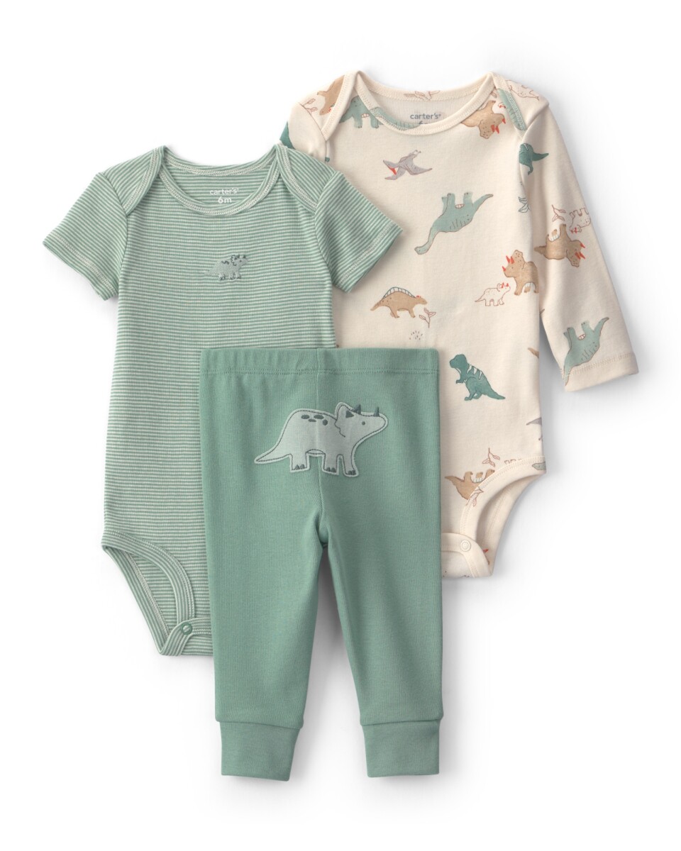 Set tres piezas de algodón, pantalón y bodies, verde y crema, diseño dinos 