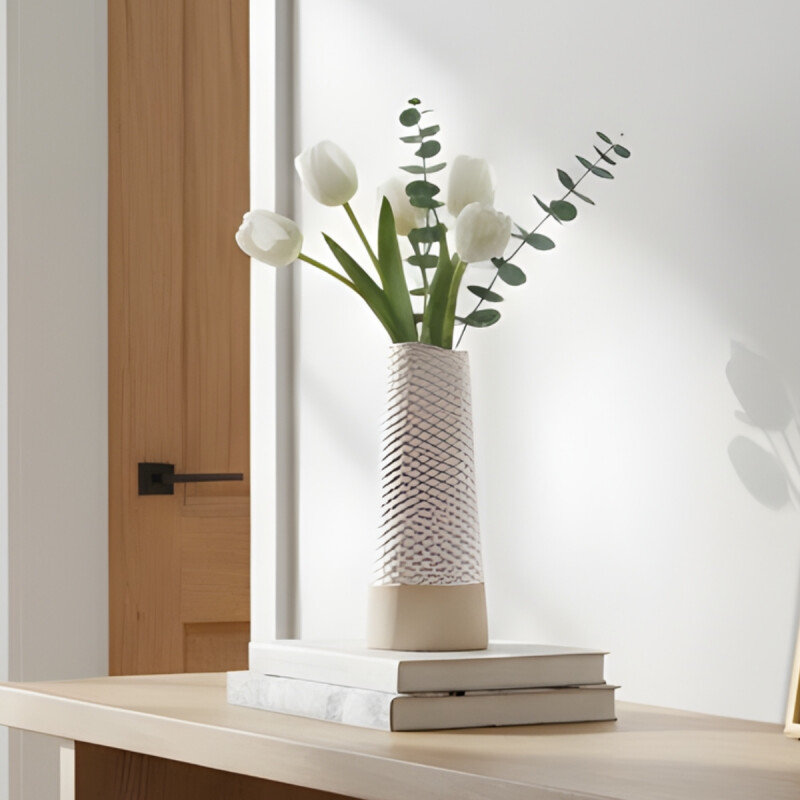 Florero largo de cerámica textura dos tonos BLANCO