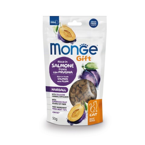 Monge Gift Cat Meat Minis Hairball Salmon & Plum 50 gr Monge Gift Cat Meat Minis Hairball Salmon & Plum 50 Gr