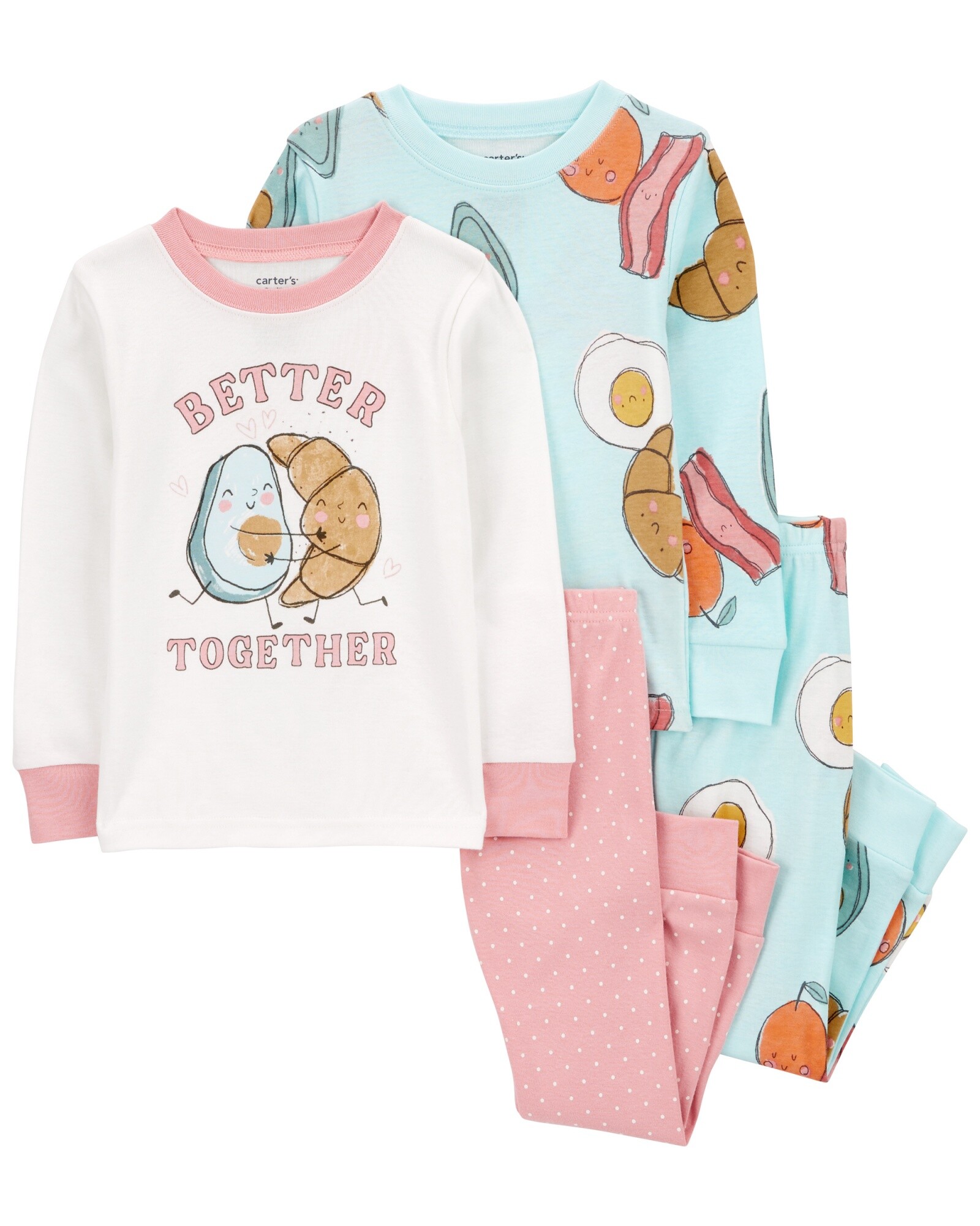 Pijama cuatro piezas de algodón, dos pantalones y dos remeras, diseño desayuno Sin color