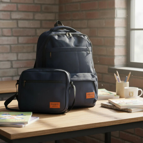 Set Mochila Bolso Cartuchera Alumno Resistente 3 Piezas Azul Marino