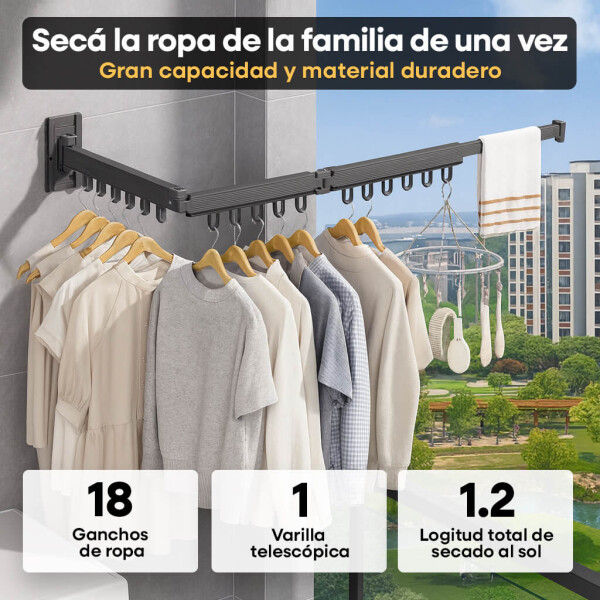Tendedero Plegable Extensible Tender de Pared Ropa Balcon 1.20 metros IMBACK Color Negro Tendedero Plegable Extensible Tender de Pared Ropa Balcon 1.20 metros IMBACK Color Negro