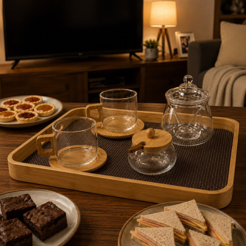 Combo ''Merienda y Te'' Set 2 Mug de Vidrio Base Bambú, Tetera de Vidrio, Azucarero de Vidrio Y Bandeja Rectangular Simil Rattán Combo ''Merienda y Te'' Set 2 Mug de Vidrio Base Bambú, Tetera de Vidrio, Azucarero de Vidrio Y Bandeja Rectangular Simil Rattán