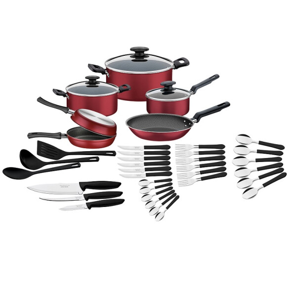 Batería de cocina roja + cubiertos, 38 piezas TR6234