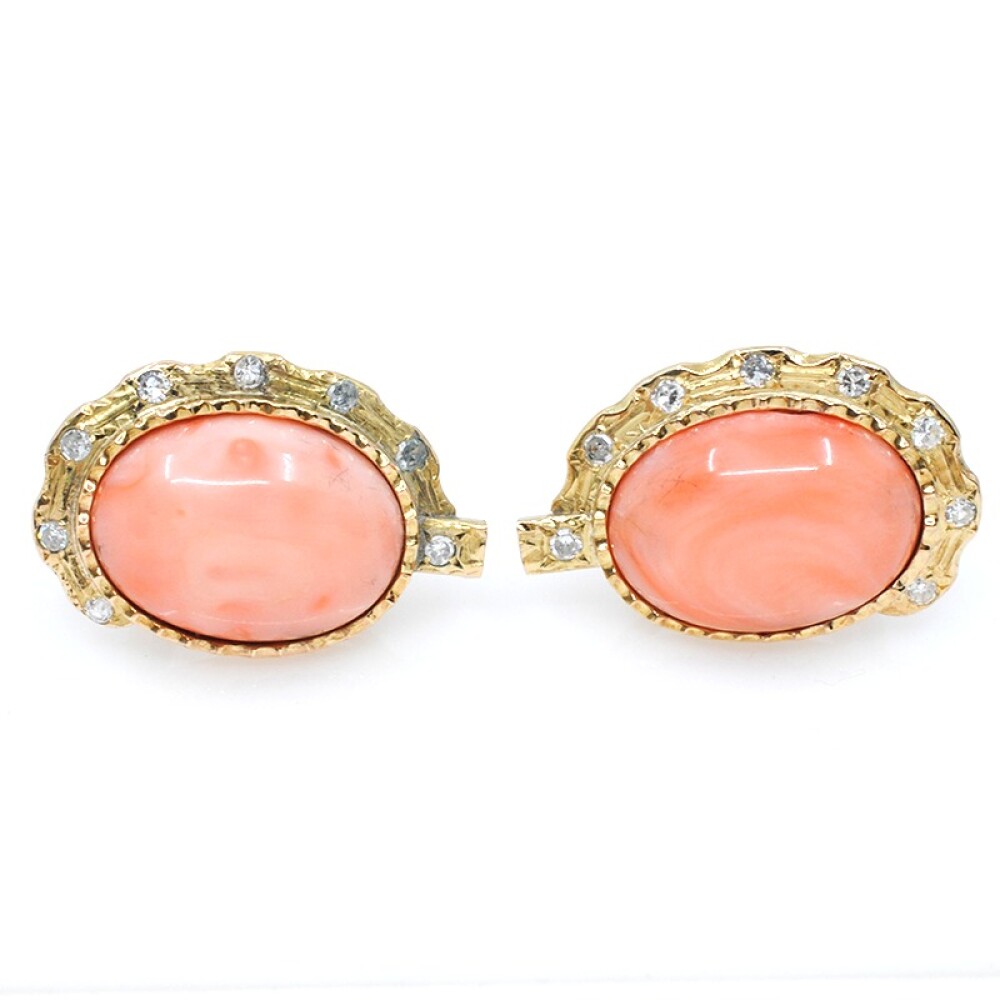 Caravanas en oro 18k amarillo, brillantes y hermoso coral Caravanas en oro 18k amarillo, brillantes y hermoso coral
