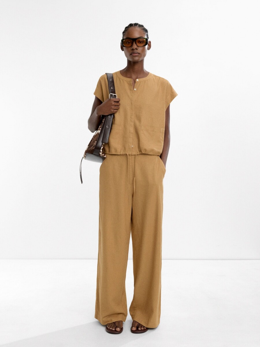Camisa Manga Corta De Lino camel