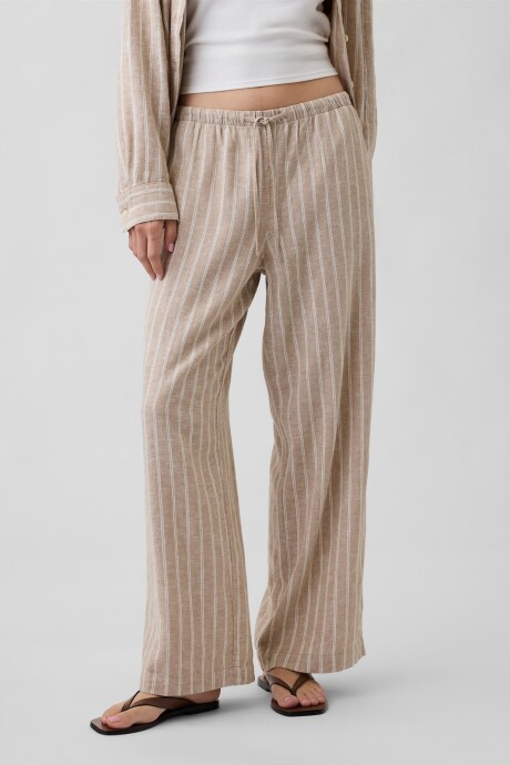 Pantalón De Lino Wide Mujer White Khaki Stripe
