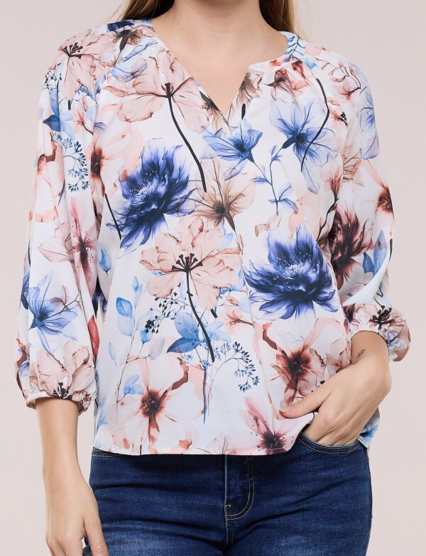Blusa Gasa Escote V Manga 3/4 Abullonada MULTI/CRUDO