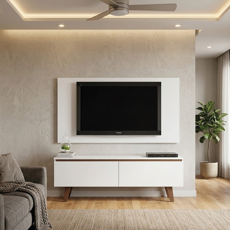 Rack TV mueble Lumax + panel rústico con estantes 55” Blanco/Blanco